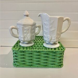 Westmoreland Milk Glass Creamer Sugar Set w/Lid Grape Lid Handles 1950-1960s